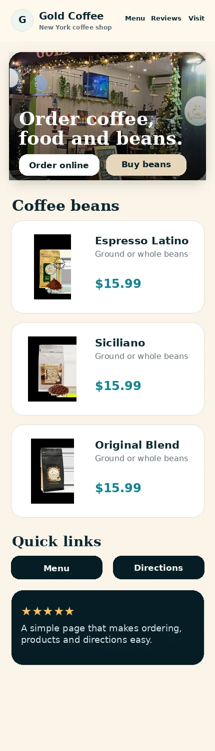 Gold Coffee mobile page screenshot