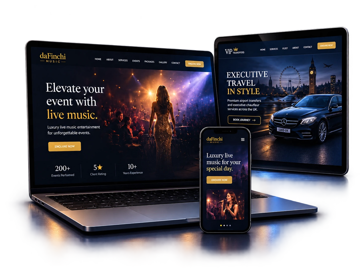 Website designs presented across laptop, tablet and mobile devices